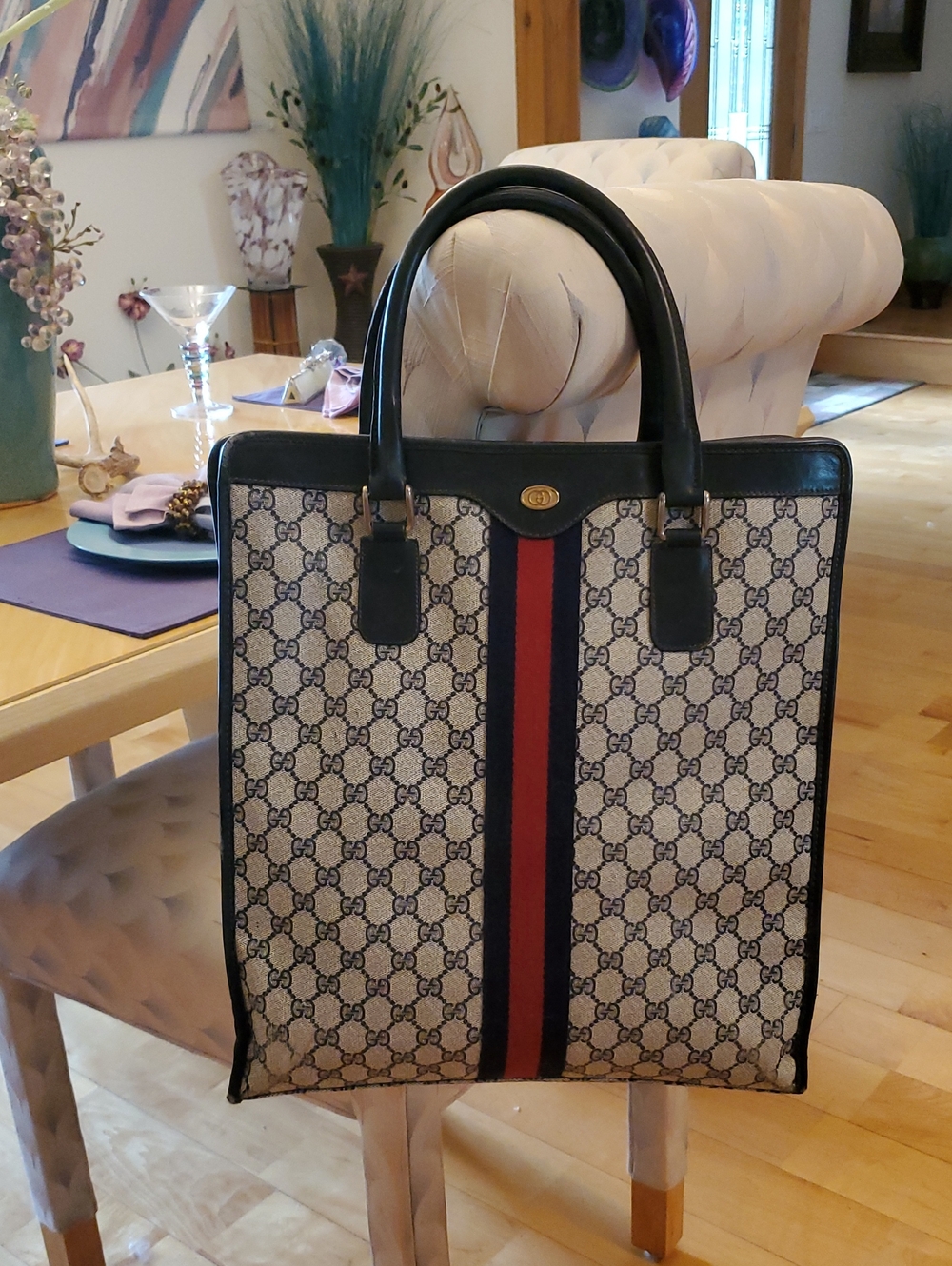 Gucci Vintage GG Canvas Vertical Messenger Bag with Navy & Red Web Stripe